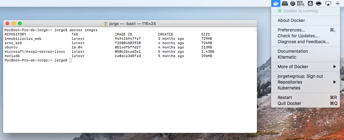 Terminal mostrando la salida del comando docker images, con las imágenes instaladas y el menú de Docker abierto en la barra del sistema
